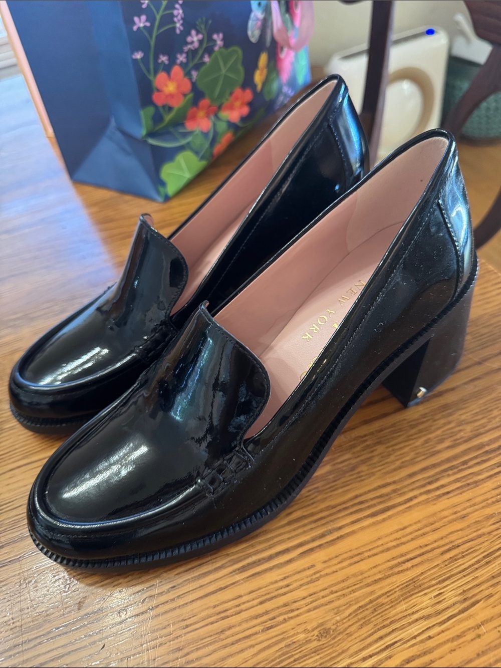 kate spade Black Patent Leather Block Heel Loafers with Pink Lining